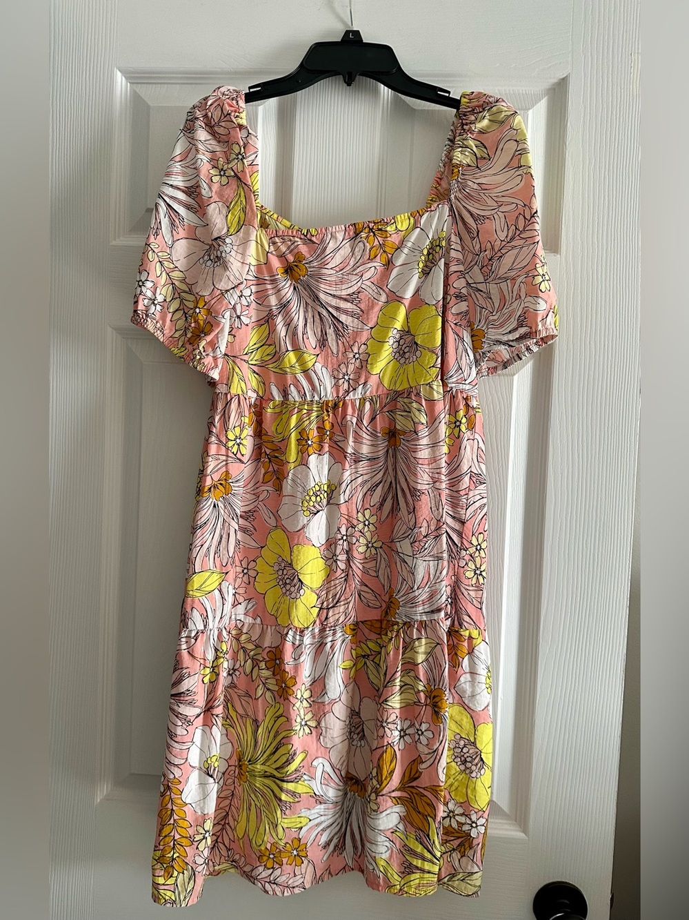 LOFT Pink Floral Tiered Dress with Yellow Accents